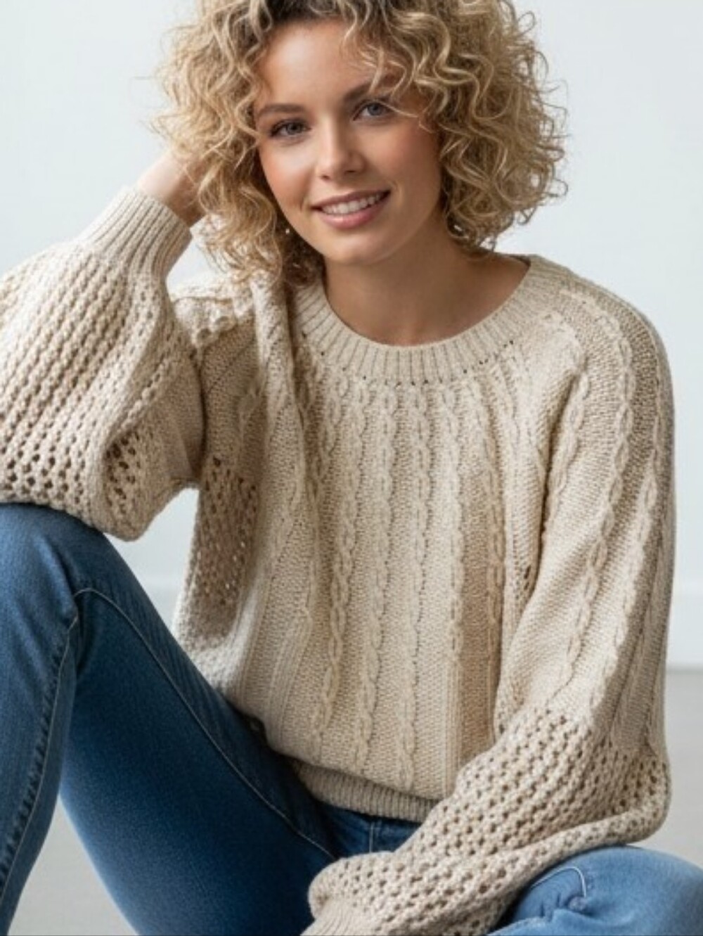 Anthropologie Beige Cable-Knit Scoop Neck Sweater